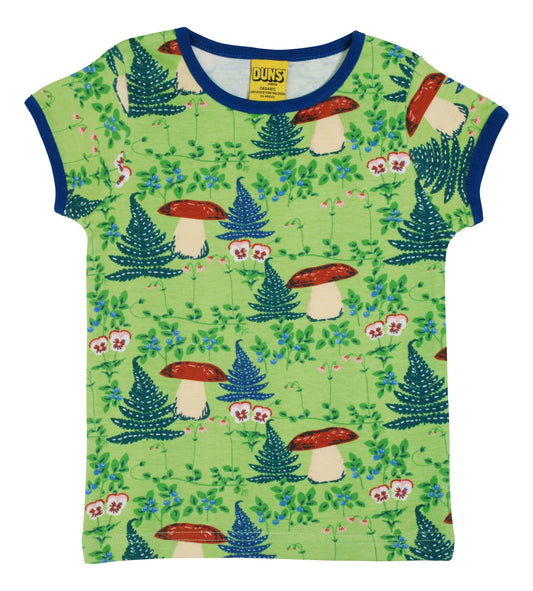 DUNS organic short sleeved t-shirt.Mushrooms, blue berries, linnaea and pansy flowers on jade lime green background with a deep water blue trim