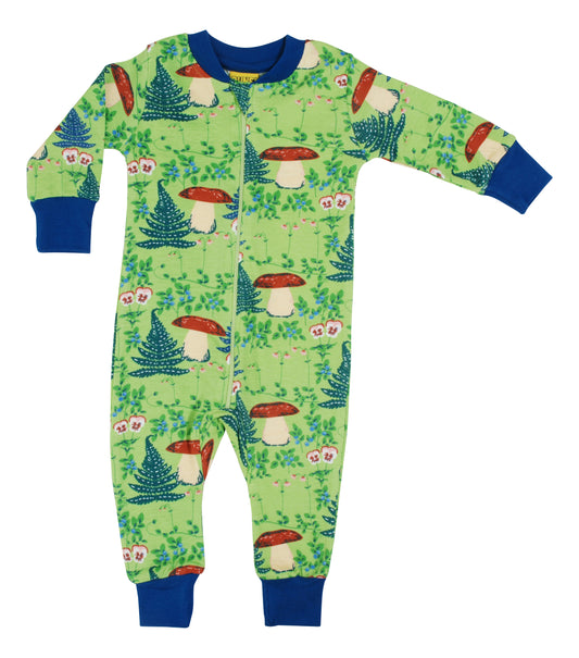 DUNS organic Zip suit/Long sleeve onesie.Mushrooms, blue berries, linnaea and pansy flowers on jade lime green background with a deep water blue trim