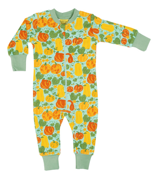 DUNS zip suit PJs onsie - Pumpkins on cabbage green Organic cotton