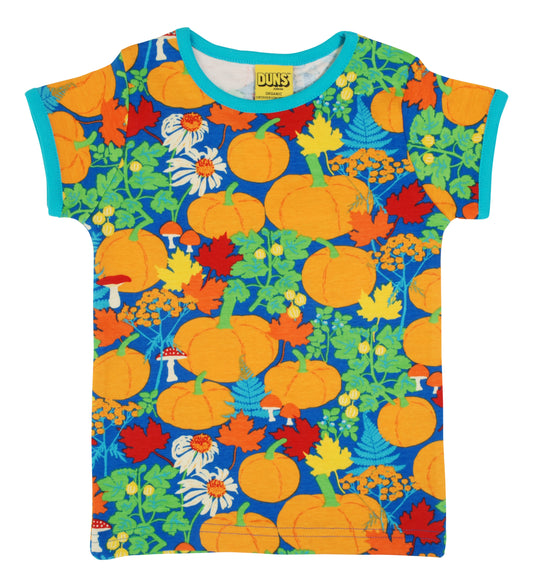 DUNS organic cotton t-shirt Autumn garden pumpkin print on blue